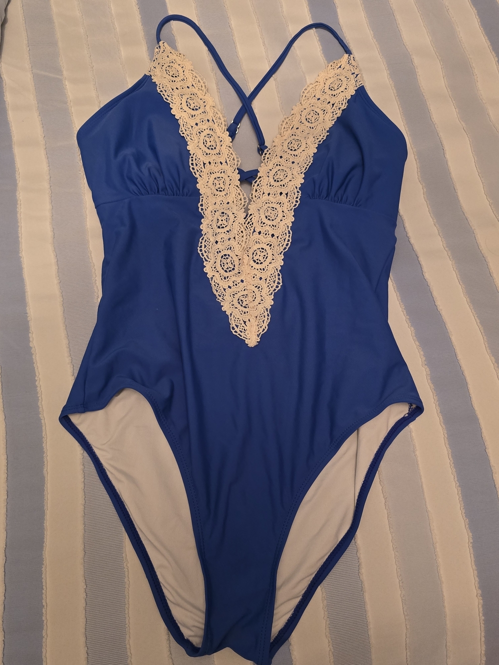 Cupshe Blue One-Piece Swimsuit with Cream Lace V-Plunge